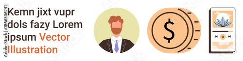 Business identity, financial transactions, payment apps, digital wallets, entrepreneurship, online economy. A man profile icon, a dollar coin and a phone displaying a payment app. Business identity