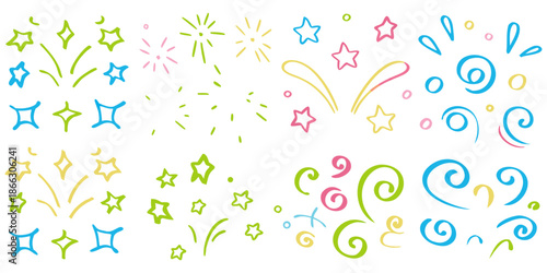 Fun celebratory doodle elements, colorful sketchy lines, stars, sparkles, bursts and swirls, flat illustration, joyful aesthetic