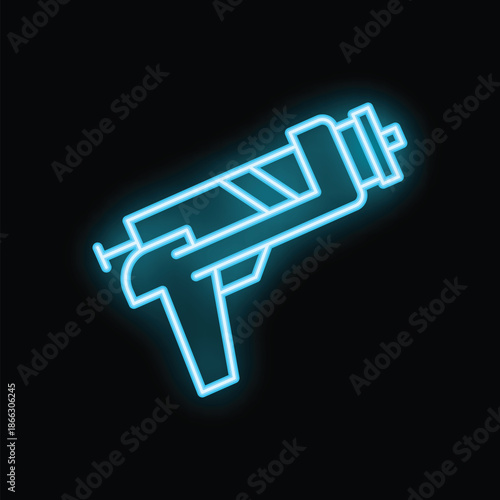 Neon sign of a futuristic military weapon glowing blue on a black background