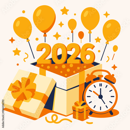 2026 New Year Gift Box Balloons Clock Countdown Party Design