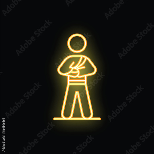Neon sign of a person standing with their broken arm in a sling, symbolizing injury and recovery