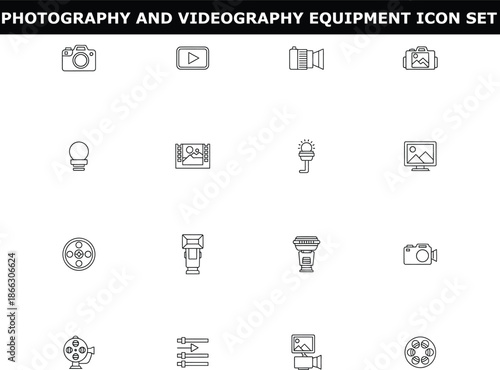 A set of photography and videography equipment icons on a white background