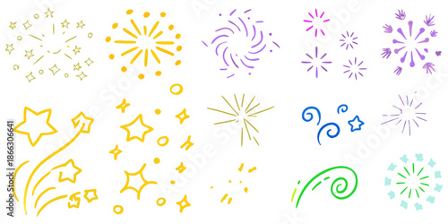 Vibrant assortment of festive, celebratory graphic elements... cheerful, hand-sketched manner.