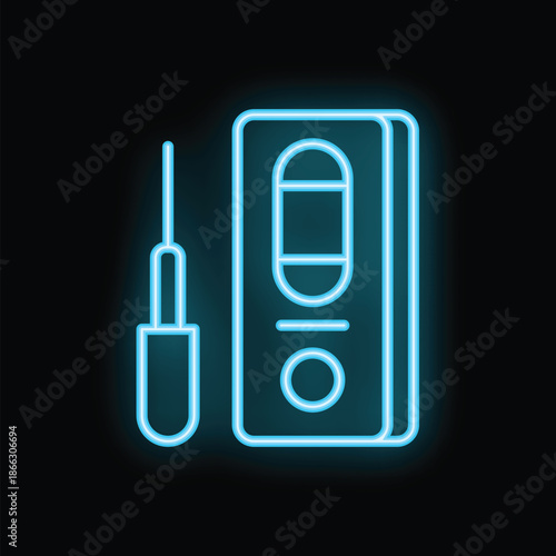 Blue neon icon of glucometer for measuring blood sugar level on black background