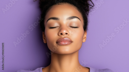 Young black woman relaxing with eyes closed against purple background  