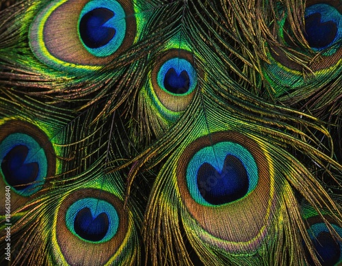 Vivid close-up of peacock feathers, displaying iridescent patterns