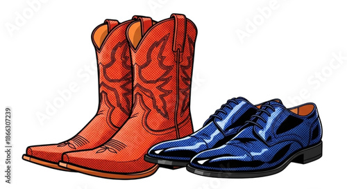 Colorful cowboy boots and formal shoes displayed together  