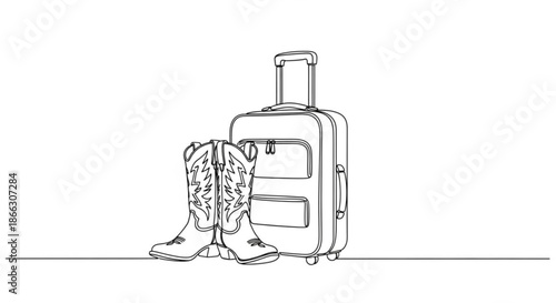 Cowboy boots next to a travel suitcase in a minimal line art style  