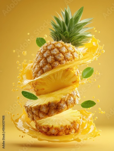 Golden pineapple rings and chunks twist through space with a swirl of tropical juice splashes