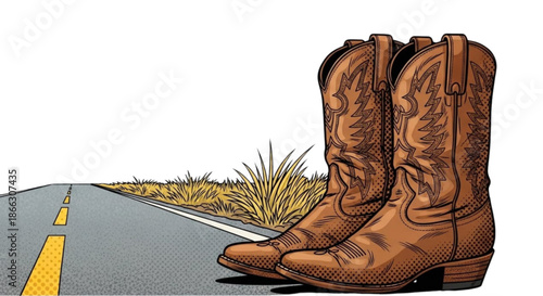 Cowboy boots positioned on roadside with grass and pavement  