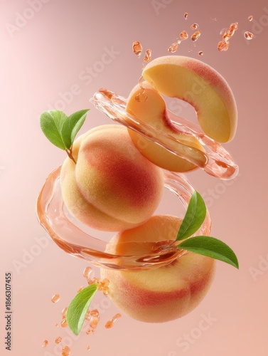 Soft orange peach juice spiral with fuzzy peach slices floating in the splash