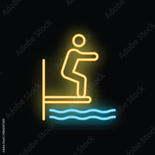 Neon sign of a swimmer on a diving board about to jump into water