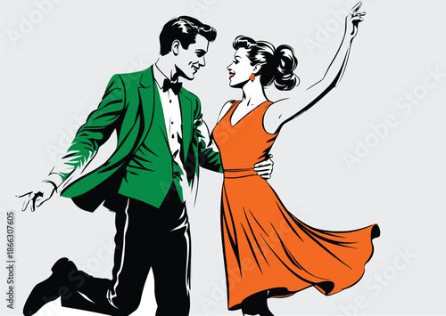 059-11-Happy couple dancing energetically together in a vintage 1950s pop art illustration style