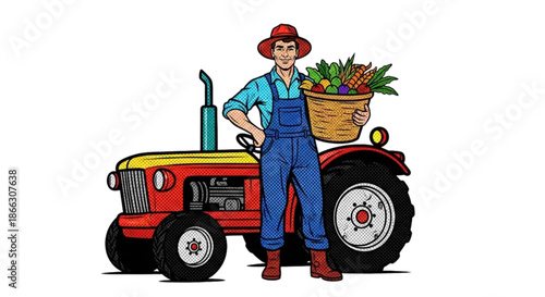 Farmer standing next to red tractor holding basket of vegetables  