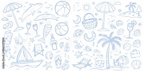 A delightful collection of hand drawn summer icons and beach themed illustrations