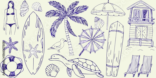 A charming hand drawn collection of summer beach elements and seaside scenes