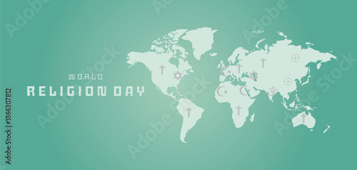 World Religion Day Global Map With Faith Symbols And Unity Across Cultures Around The World