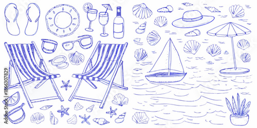 A charming collection of hand drawn summer elements and beach themed illustrations