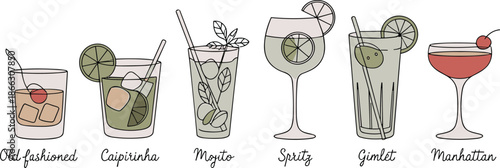 Vector Illustration of Six Popular Classic Cocktails with Garnishes and Cursive Text Labels Including Mojito and Manhattan