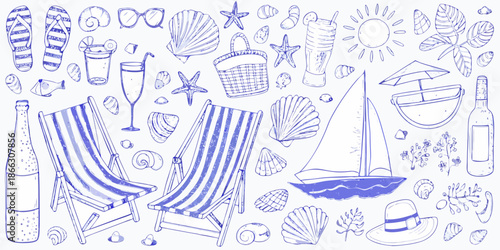 Blue line art illustration featuring summer vacation elements like shells and a sailboat