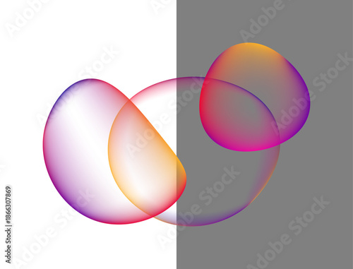 Abstract overlapping translucent spheres featuring vibrant gradient colors split across a monochromatic background design.