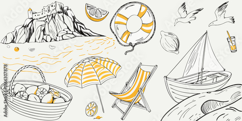Summer vacation doodles a beach scene with citrus sea life and accessories