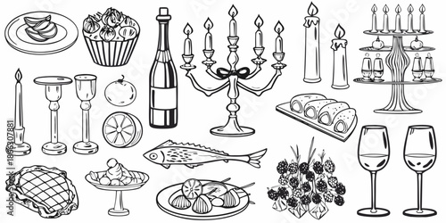 An elegant collection of sketched dining elements including food drink and decor