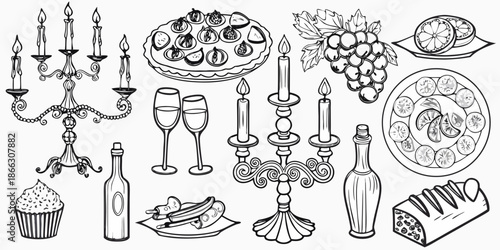 Vintage illustration of ornate candelabras oysters fruits and elegant dining elements