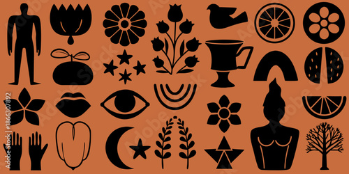 Minimalist collection of black silhouettes figures flora and symbolic objects