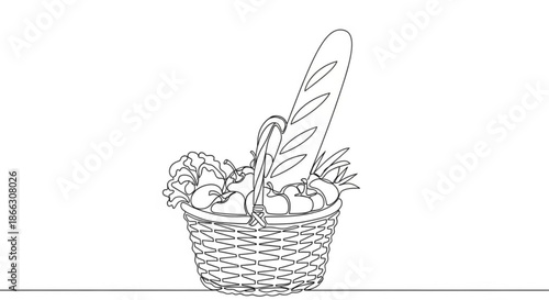 Fresh baguette and vegetables in a woven basket on white background  