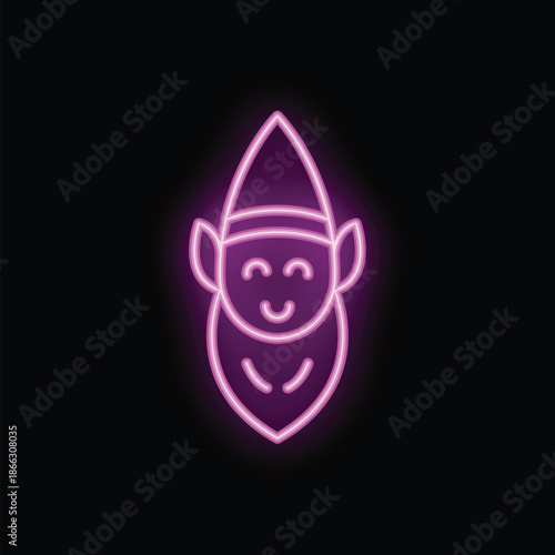 Bright pink neon sign of a cute cartoon elf smiling on a black background