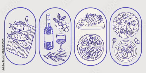 Sketch of various food items including fish wine tacos and pizza