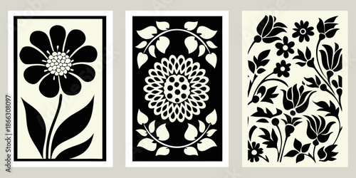 Three black and white floral panels with stylized botanical designs