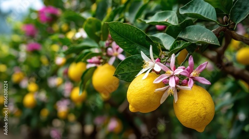 Lemons with flower hanging on tree in lemon farm