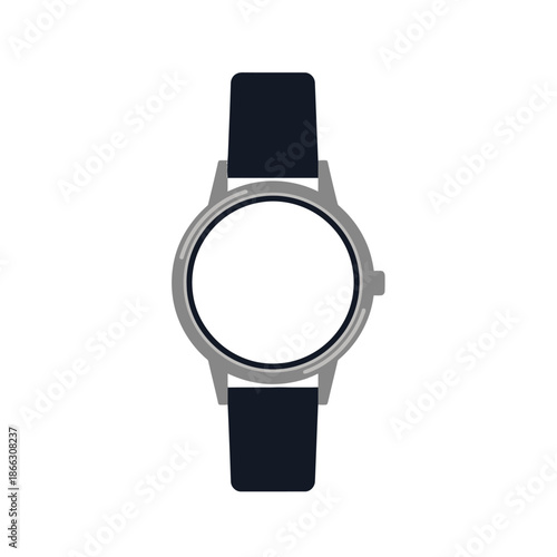 Minimalist vector illustration of a classic analog wristwatch with a blank face and a dark strap. This elegant icon represents timeless style, sophisticated accessory, and the core concept of time