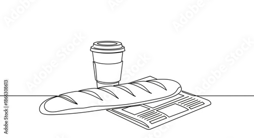 Baguette bread with coffee cup and newspaper on wooden table  