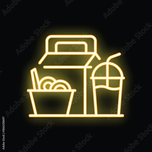 Neon sign showing a wok with noodles, a closed box and a soda with a straw, ideal for restaurants and food businesses