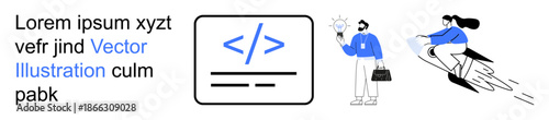 Technology, innovation, teamwork, programming, digital solutions, creativity. A large coding icon, a person brainstorming and another figure in motion. Technology and innovation