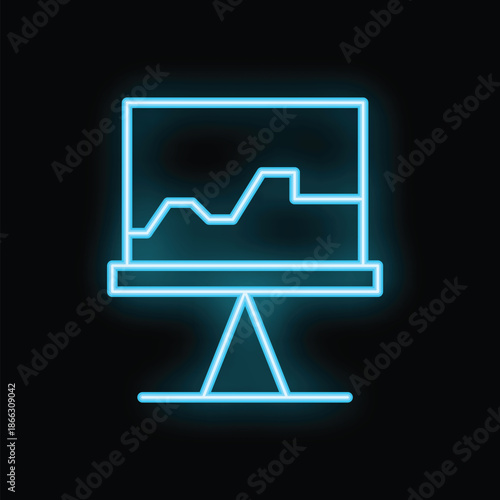 Neon blue icon of a flip chart showing a growing business chart on black background