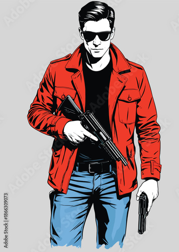 059-20-Man in red jacket and sunglasses holding two firearms, a spy or detective concept
