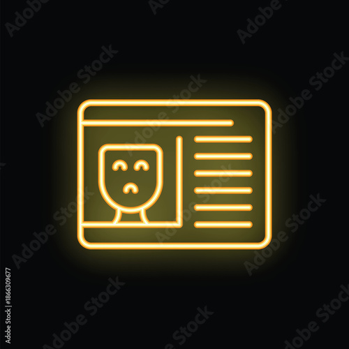Glowing neon icon of a personal identification card, featuring a sad face graphic