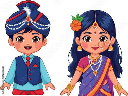 Cute Indian wedding boy and girl characters wearing traditional bridal groom attire cartoon illustration isolated vector for cultural design