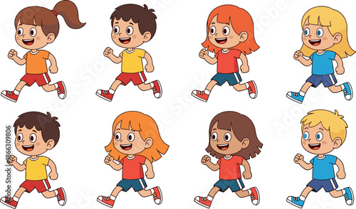 Cute kids running cartoon characters set vector illustration happy children jogging fitness activity education playful design