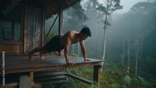 Wallpaper Mural Man doing push-ups on a wooden deck in a misty jungle setting. Torontodigital.ca