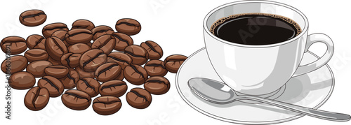 White ceramic coffee cup with saucer and spoon beside roasted beans, symbolizing coffee culture, aroma, and beverage enjoyment.