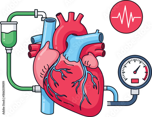 Vector illustration of human heart with medical monitoring elements, symbolizing cardiovascular health, diagnostics, and treatment concept.
