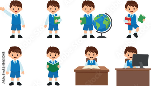 Cute school boy character set studying reading books using computer globe classroom education activities flat vector illustration design