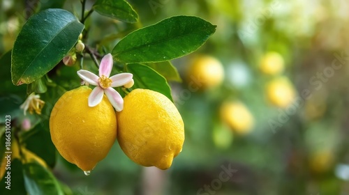 Lemons with flower hanging on tree in lemon farm