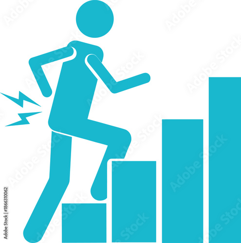 Vector illustration of person climbing stairs with knee pain, injury symbol, ergonomic movement, physical therapy concept in blue silhouette style.