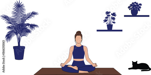 Woman meditating on yoga mat with indoor plants and cat, practicing mindfulness and relaxation in peaceful home setting